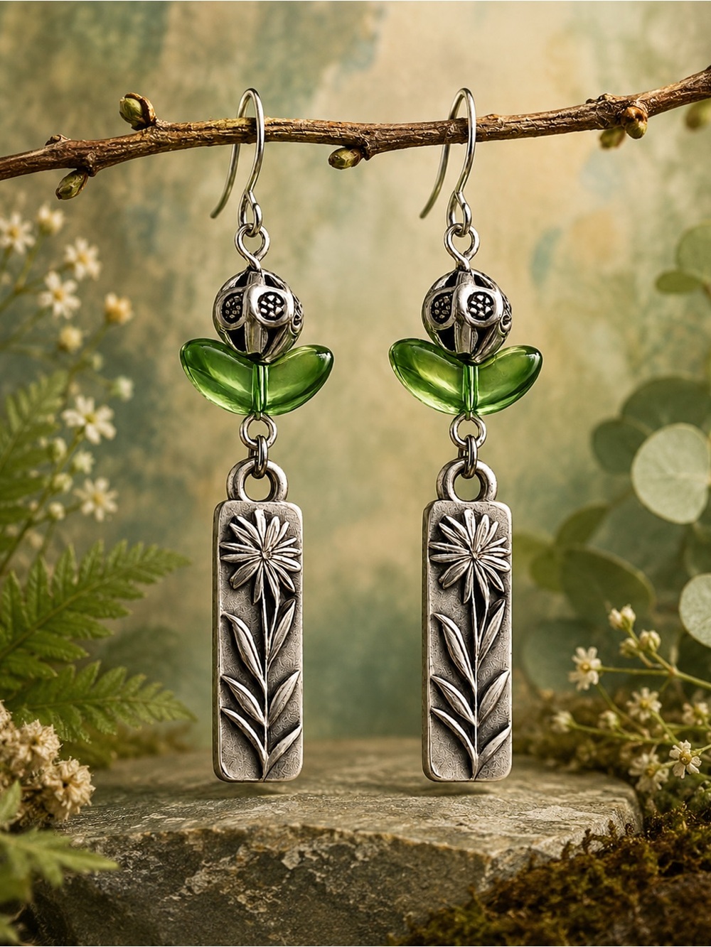 Green Glass Floral Dangle Earrings Silver Tone Botanical Boho Artisan